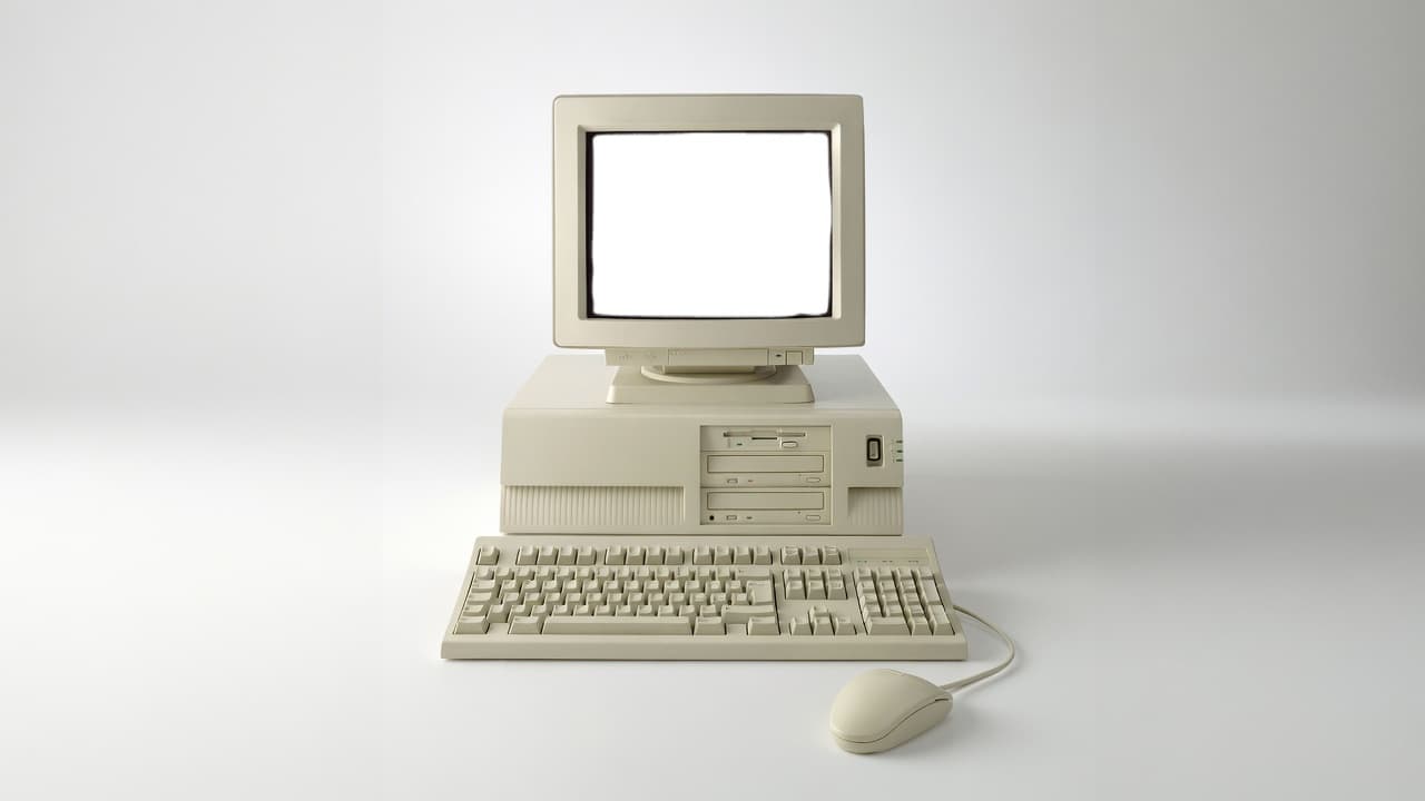 Vintage IBM PC with monitor, tower, keyboard, and mouse
