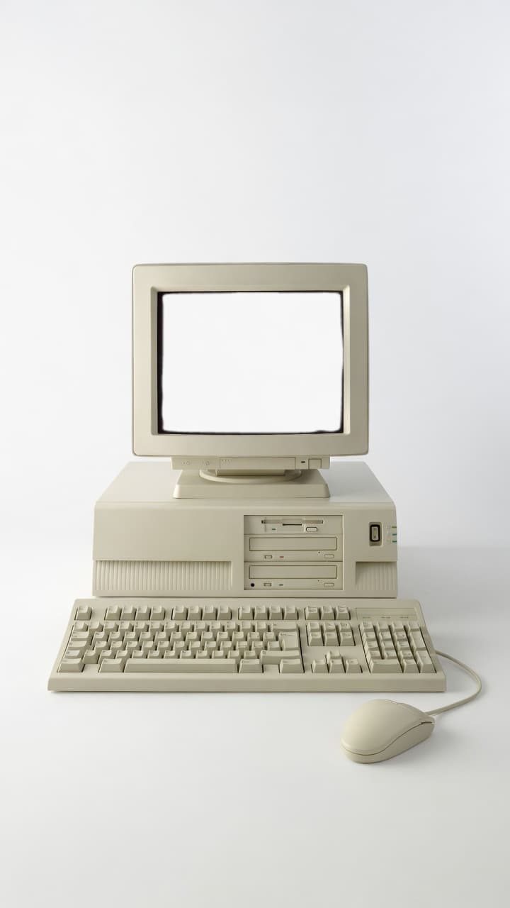 Vintage IBM PC with monitor, tower, keyboard, and mouse